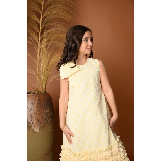 صورة فستان بناتي أصفر بكشكش وفيونكة - 731